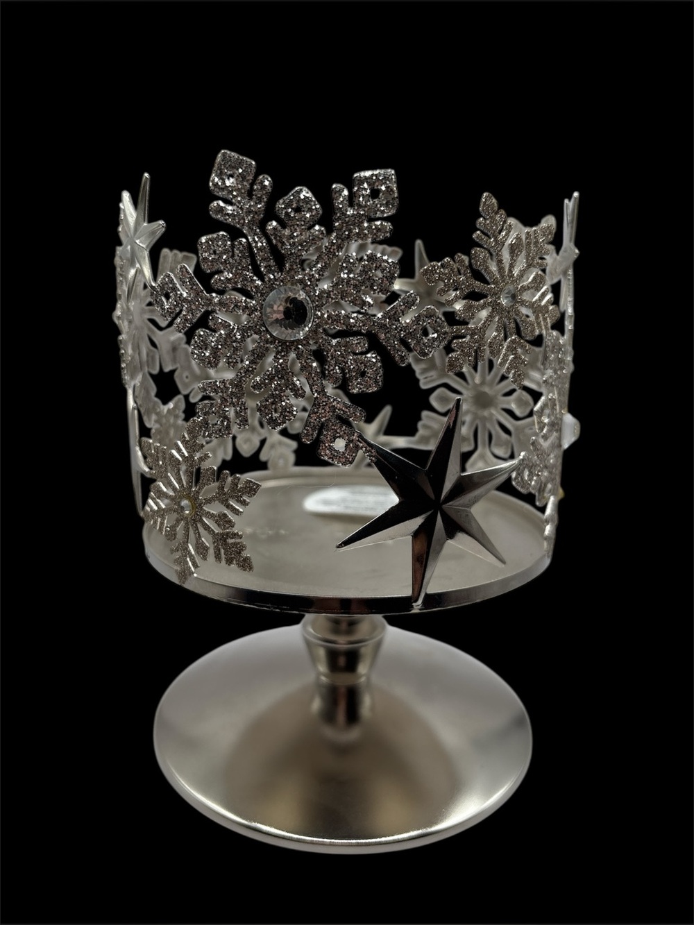 Bath & Body Works Silver  Snowflake Pedestal 3-Wick Candle Holder 6" Tall